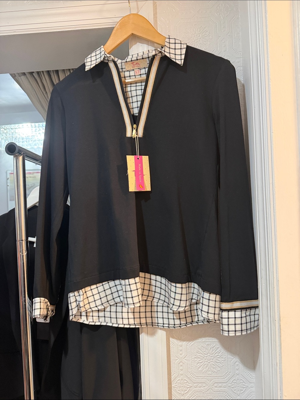 Tinta Black Layered Look Pullover with Checkered Collar
